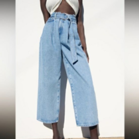 ZARA Blue Belted High Rise Wide Leg Barrel Jeans Size 4 NWOT - Picture 1 of 8